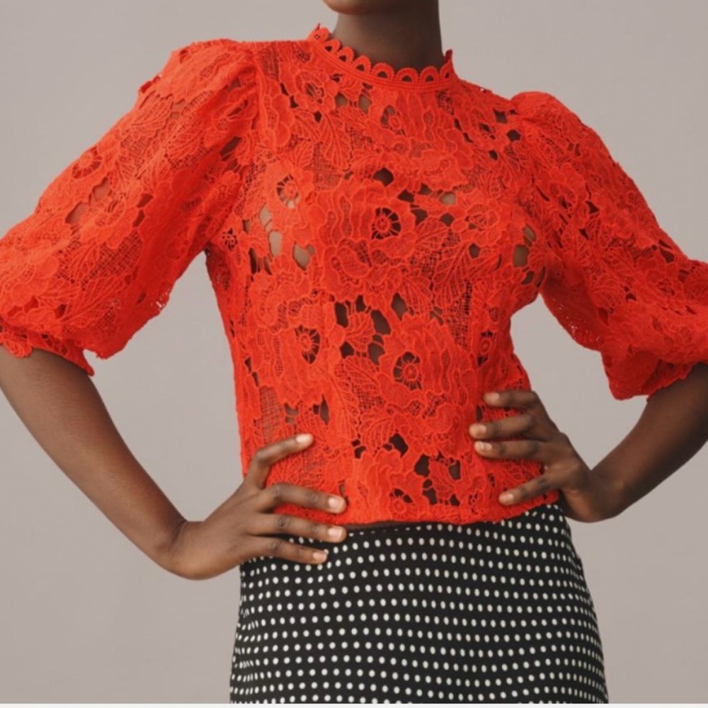 Sarah Hann Cherry Red Puff Sleeve Crochet Lace Top – Romantic Boho Blouse Size S